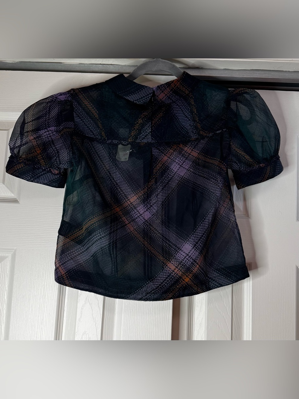 Maeve by Anthropologie Black Purple and Orange Plaid Sheer Blouse - Size XXS NWT - Picture 3 of 5